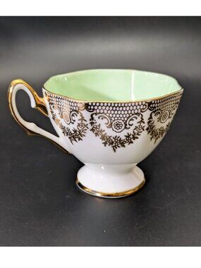 Salisbury Bone China Tea Cup Green Interior Gold Lace Trim Vintage England